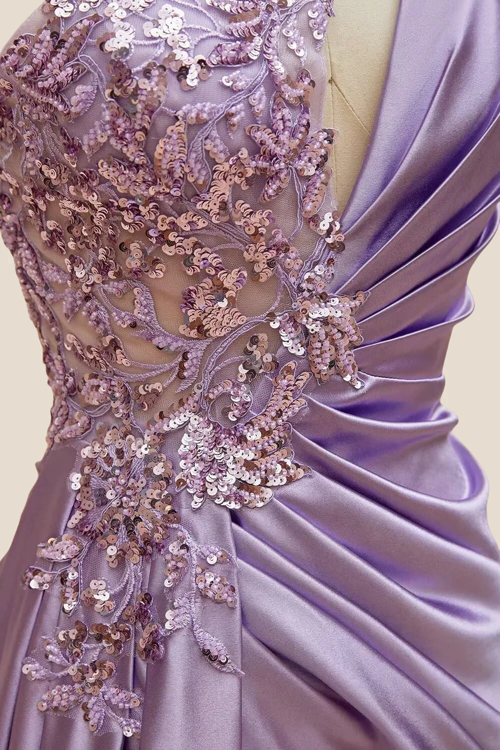 One Shoulder Lilac Sequin Ruched Long Dress - Image 5