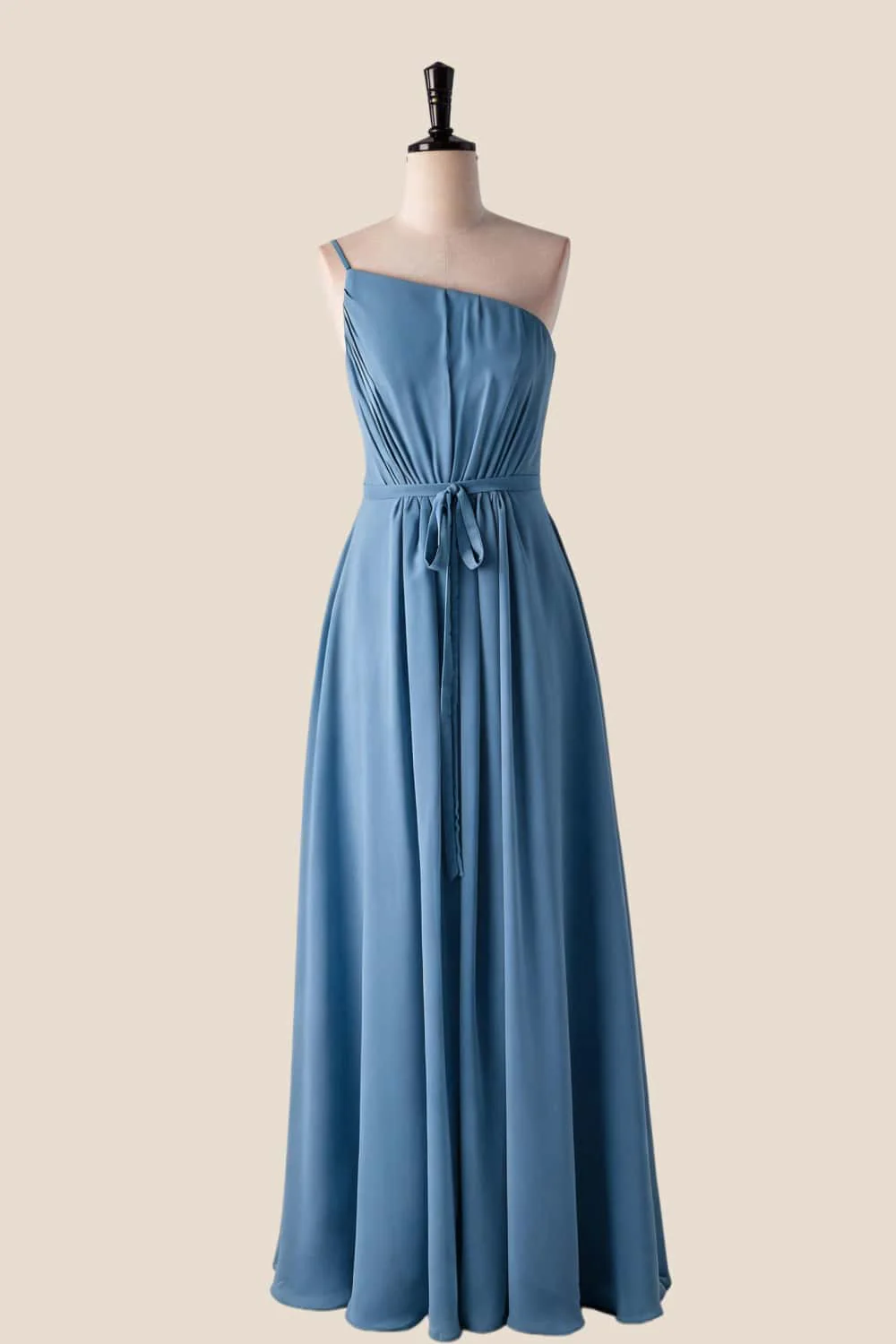 One Shoulder Misty Blue Long Bridesmaid Dress with Sash