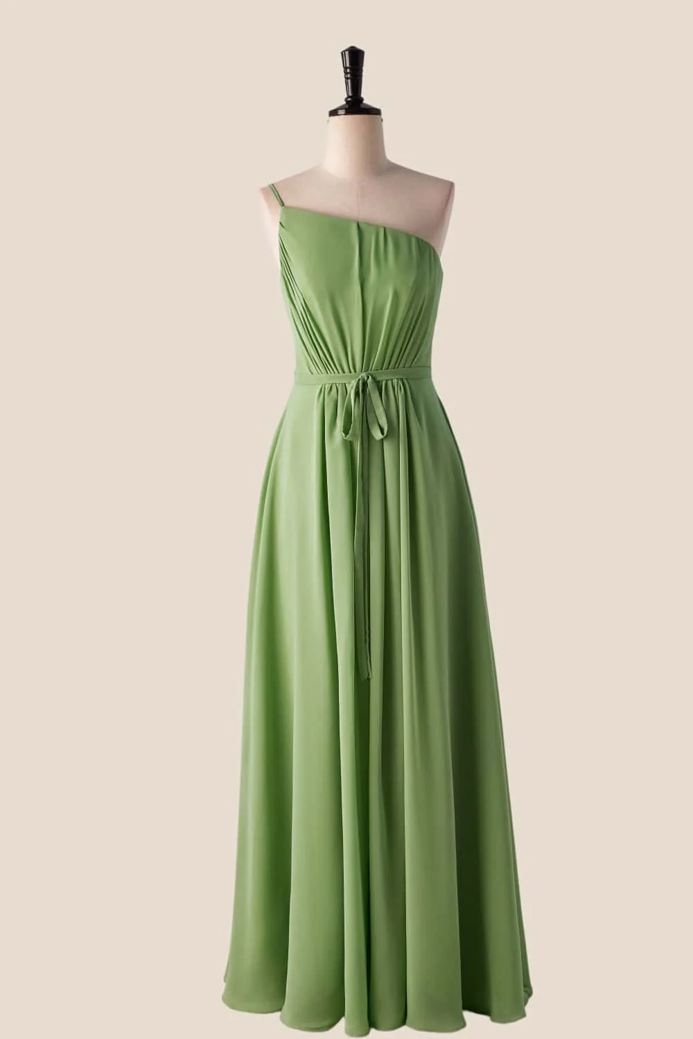 One Shoulder Misty Blue Long Bridesmaid Dress with Sash - Image 2