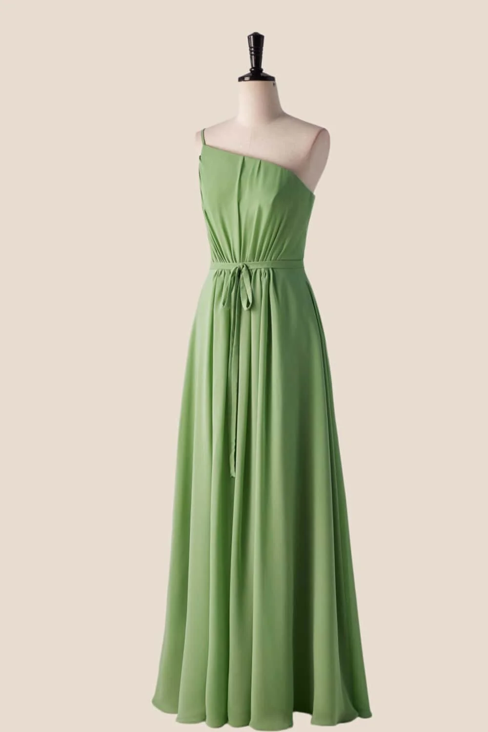 One Shoulder Misty Blue Long Bridesmaid Dress with Sash - Image 3