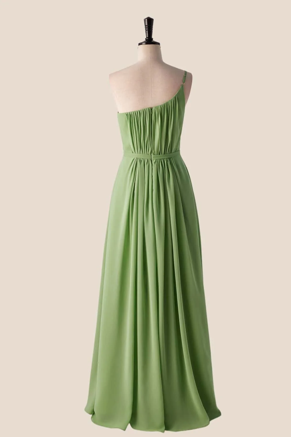 One Shoulder Misty Blue Long Bridesmaid Dress with Sash - Image 4