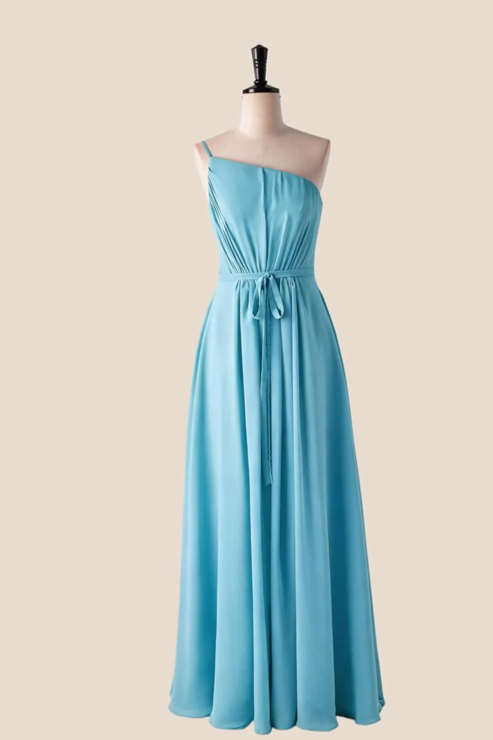 One Shoulder Misty Blue Long Bridesmaid Dress with Sash - Image 5