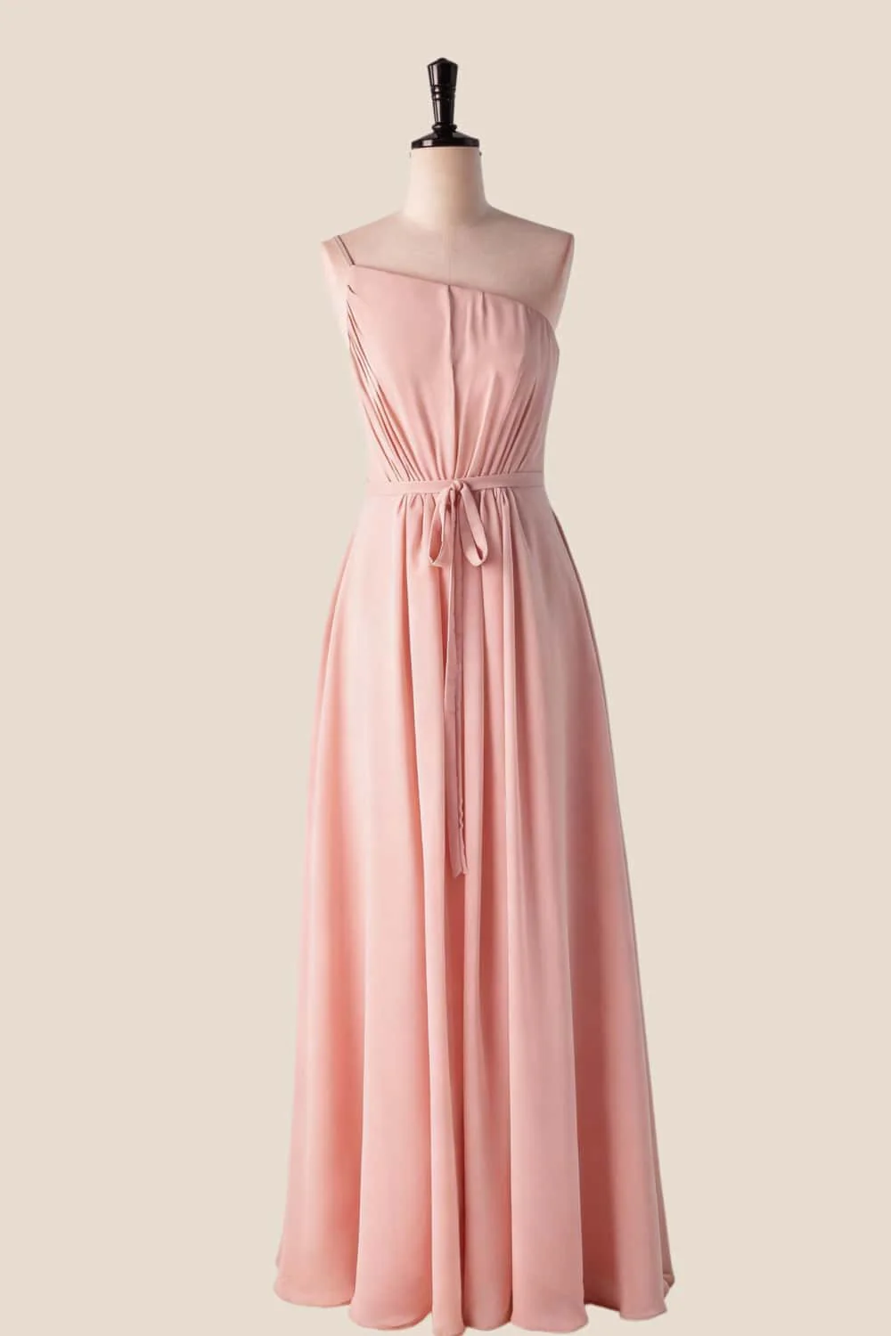 One Shoulder Misty Blue Long Bridesmaid Dress with Sash - Image 6