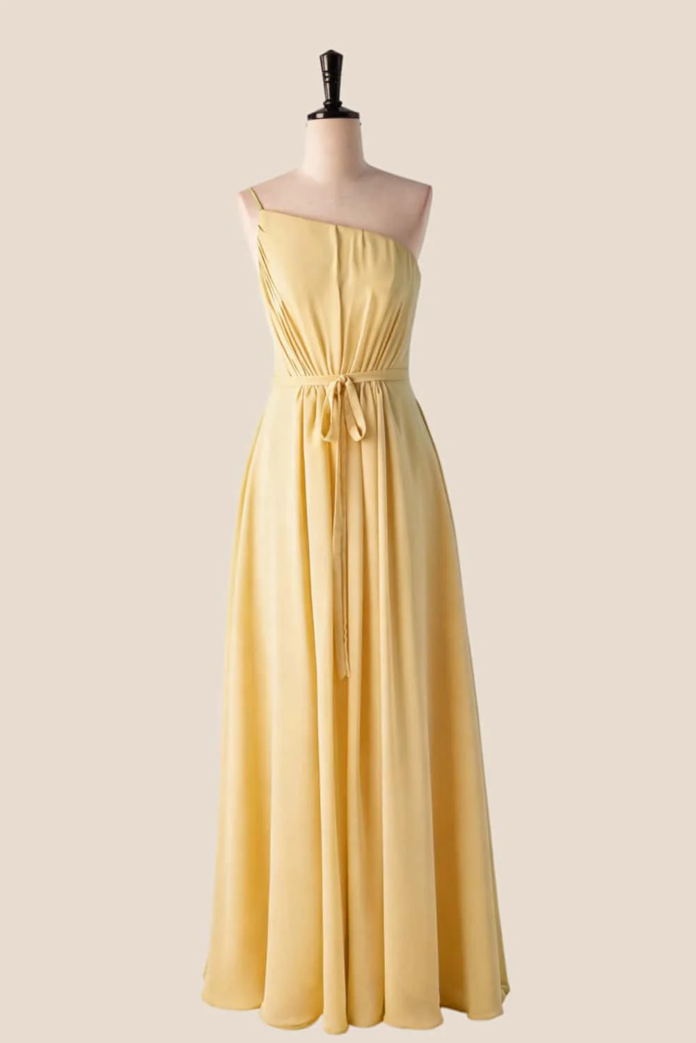 One Shoulder Misty Blue Long Bridesmaid Dress with Sash - Image 7