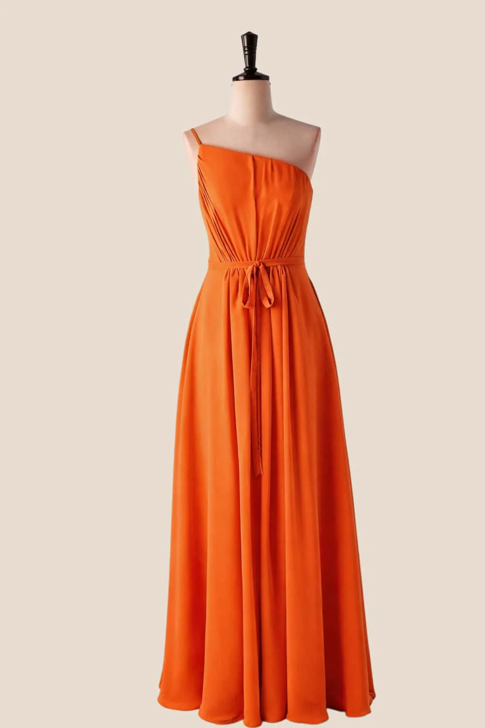 One Shoulder Misty Blue Long Bridesmaid Dress with Sash - Image 8
