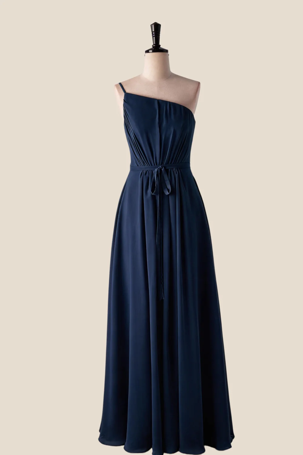 One Shoulder Misty Blue Long Bridesmaid Dress with Sash - Image 9