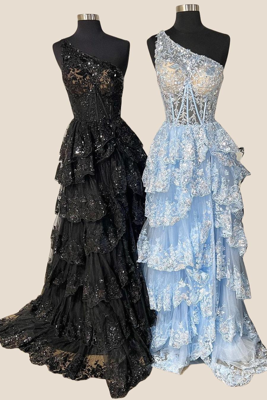 One Shoulder Light Blue Appliques Ruffle Formal Dress - Image 7