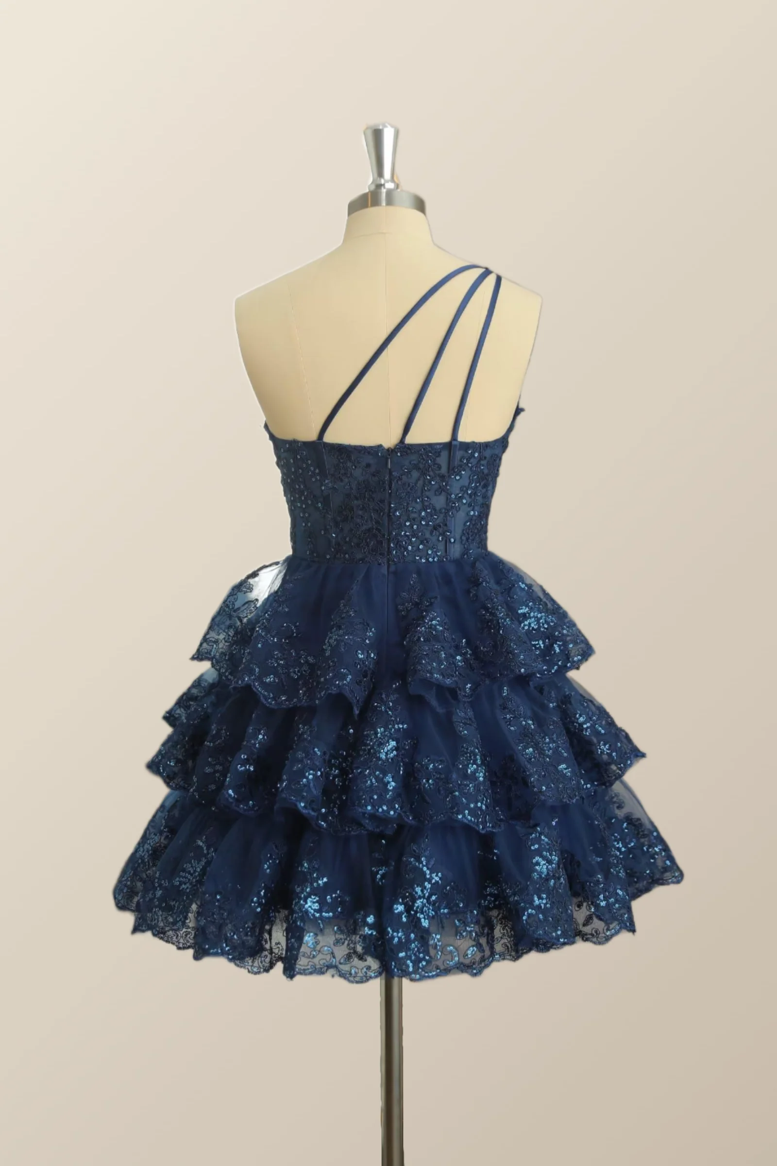 One Shoulder Navy Blue Ruffles A-line Dress - Image 2
