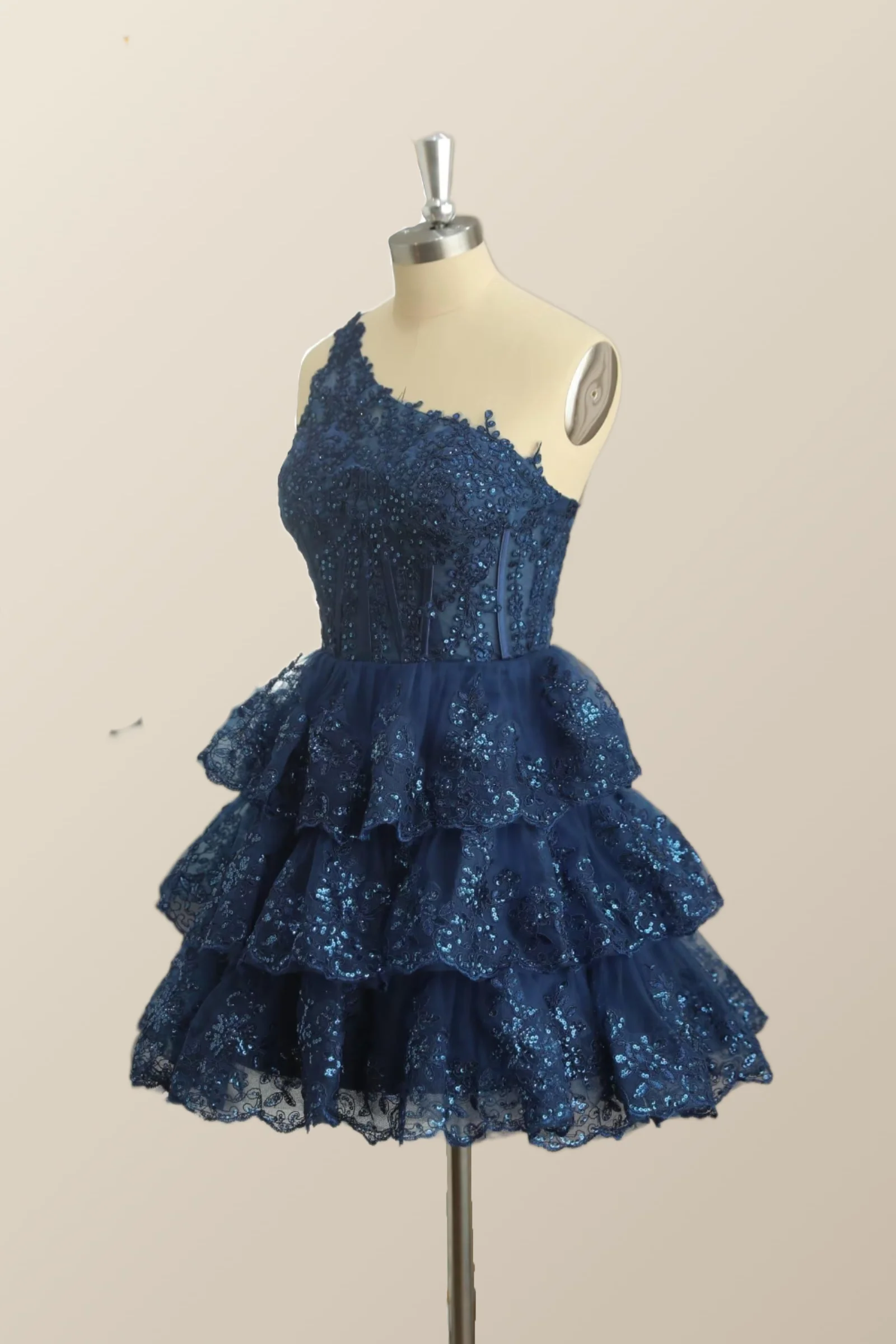 One Shoulder Navy Blue Ruffles A-line Dress - Image 3