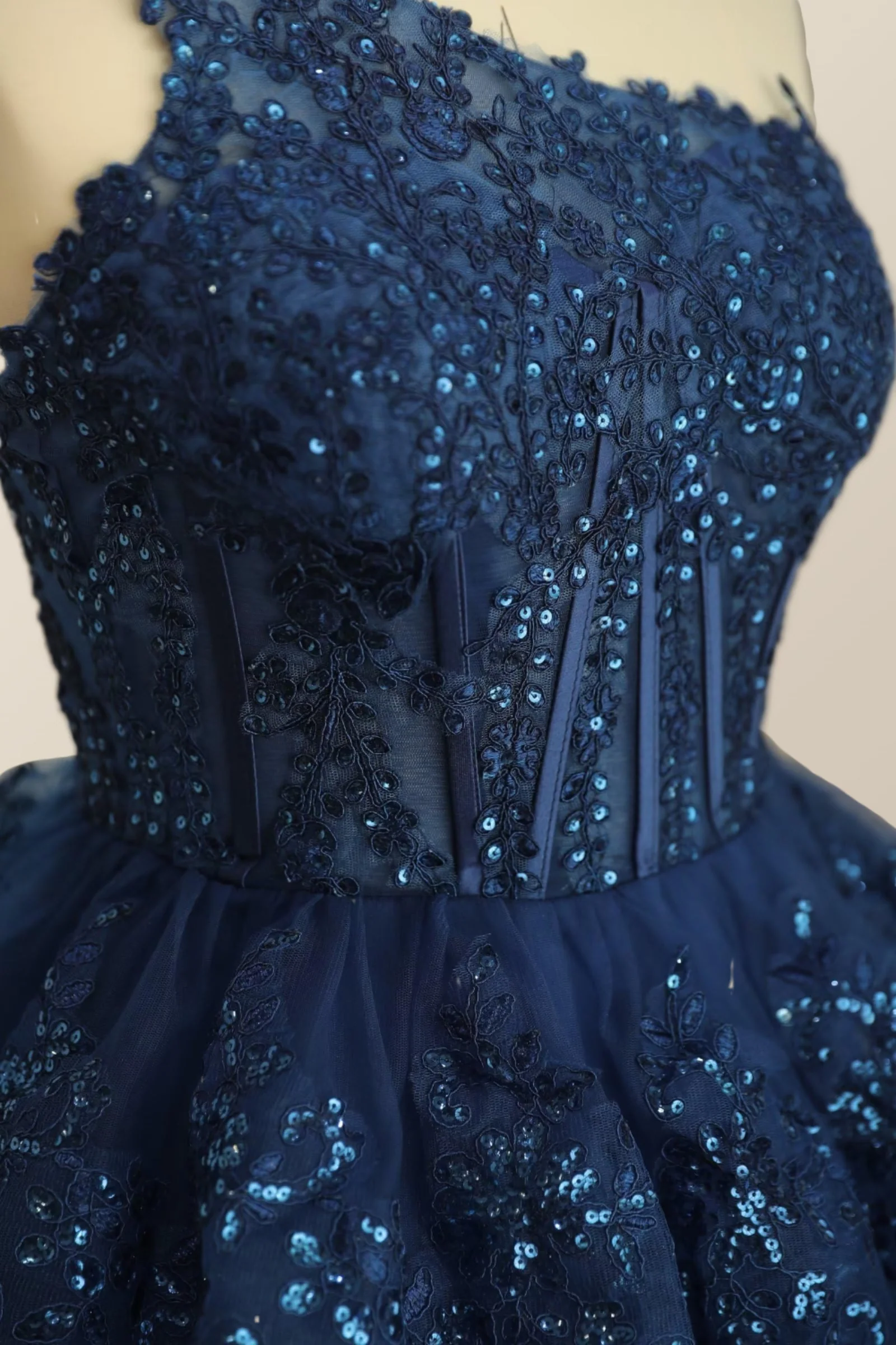 One Shoulder Navy Blue Ruffles A-line Dress - Image 5