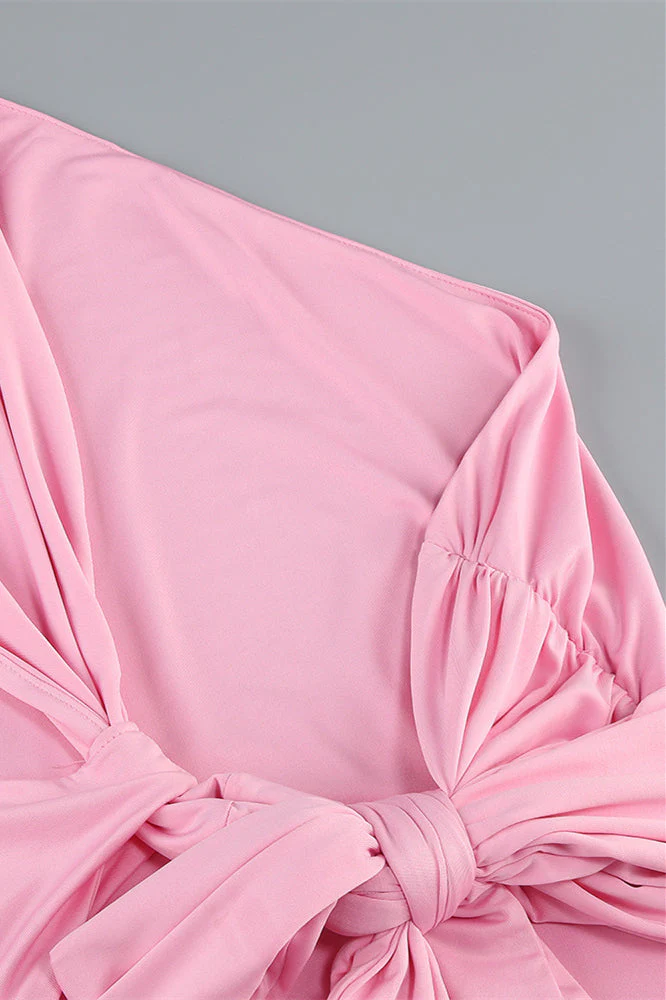 One Shoulder Pink Back Tie Fitted Long Dress - Image 5