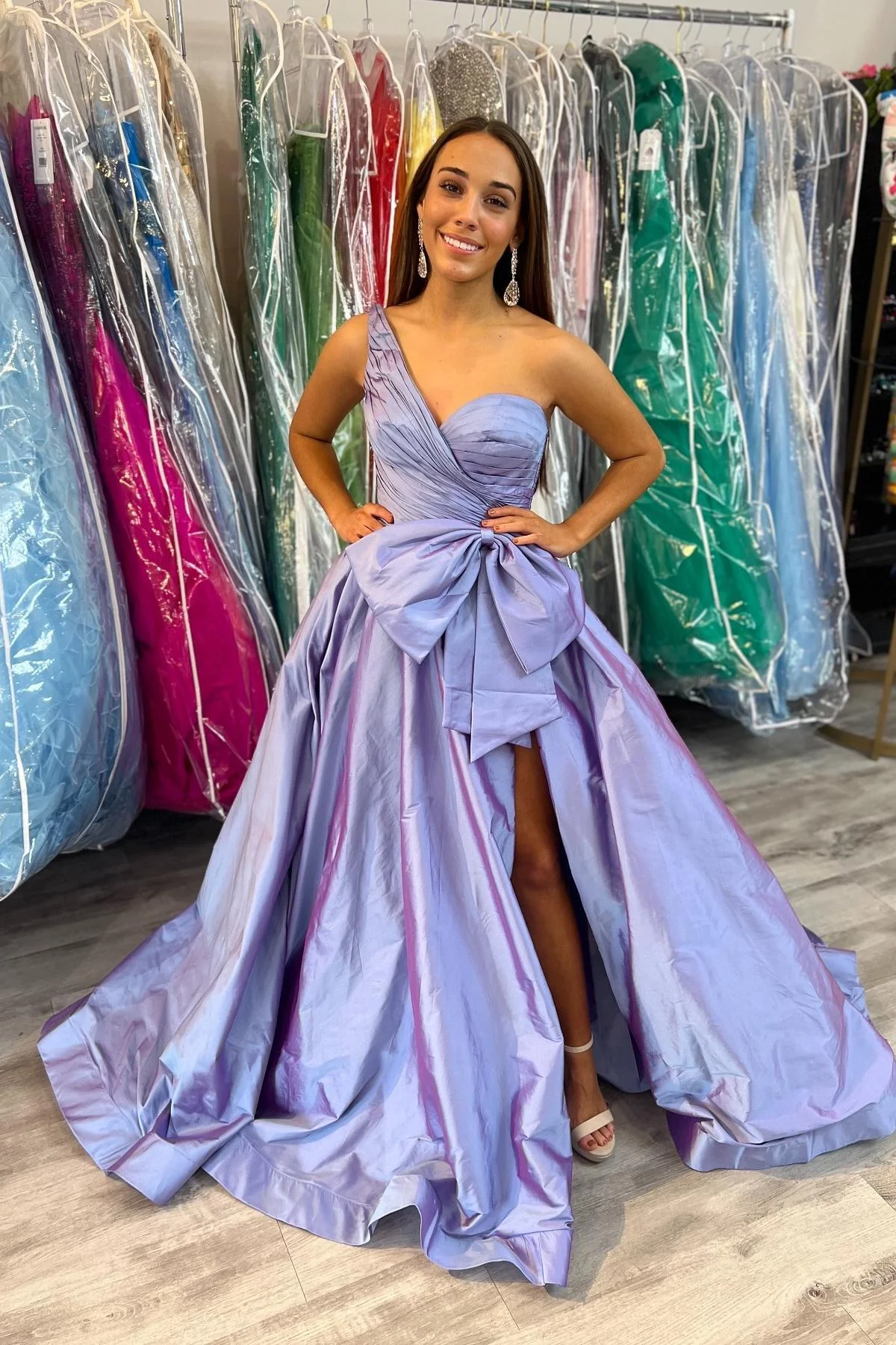One Shoulder Pink Ruched A-line Formal Dress - Image 3