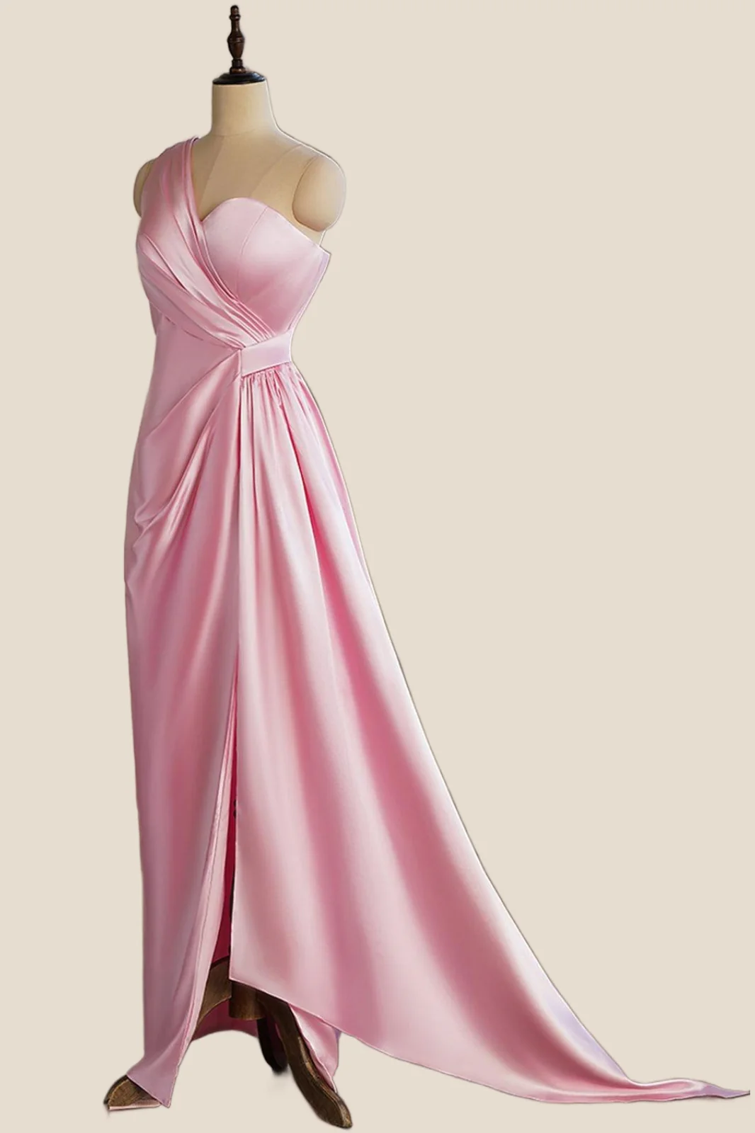 One Shoulder Pink Ruched Long Party Dress - Image 3