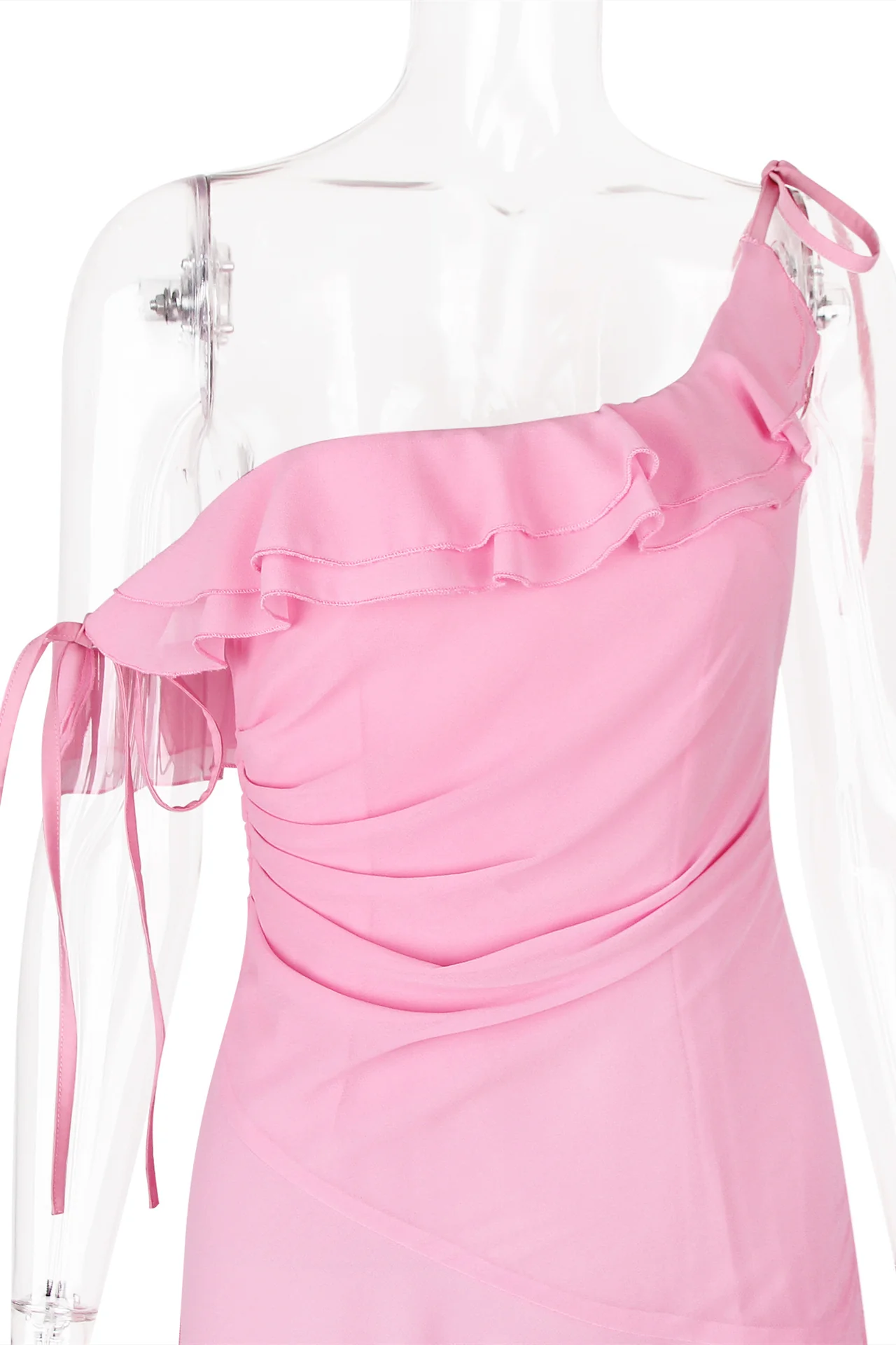 One Shoulder Pink Ruffle Chiffon Party Dress - Image 5