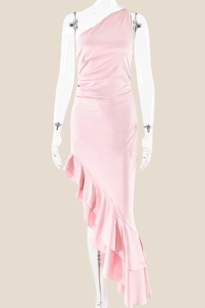One Shoulder Pink Ruffle Hem Long Dress