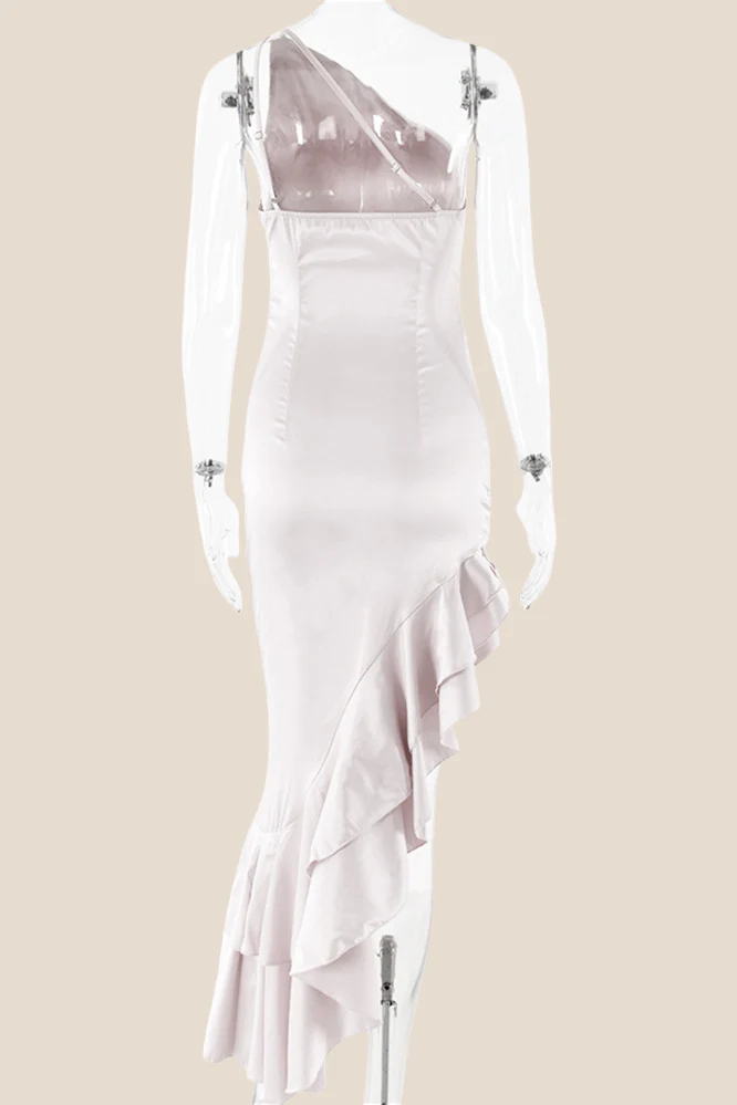 One Shoulder Pink Ruffle Hem Long Dress - Image 10