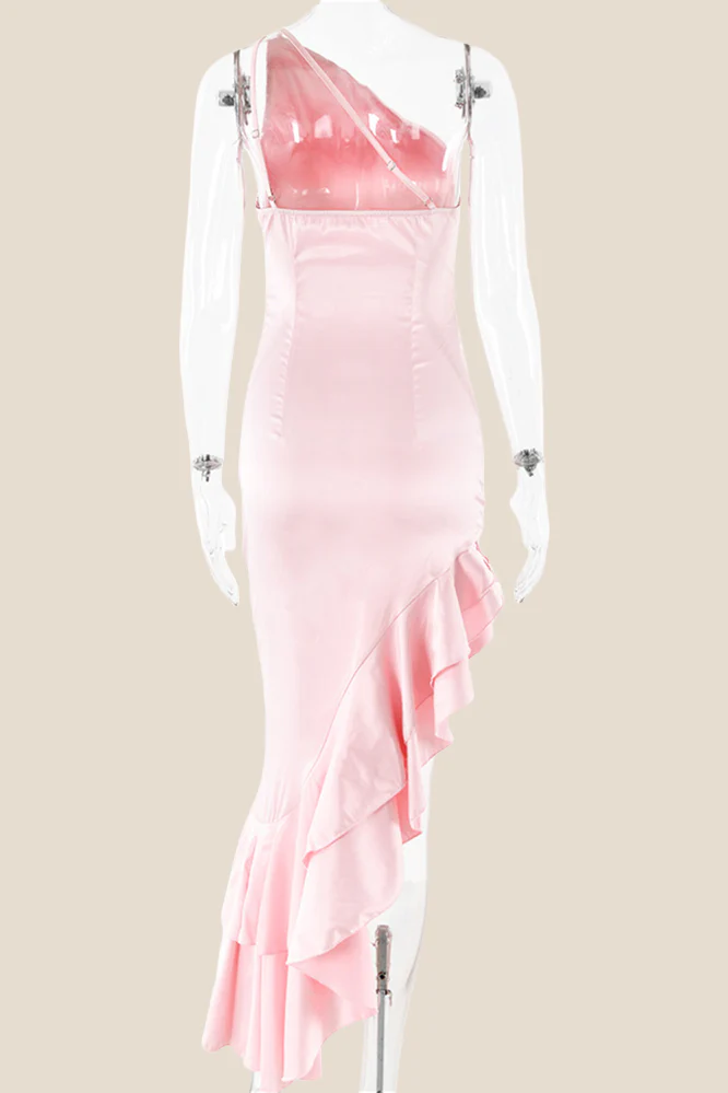 One Shoulder Pink Ruffle Hem Long Dress - Image 2