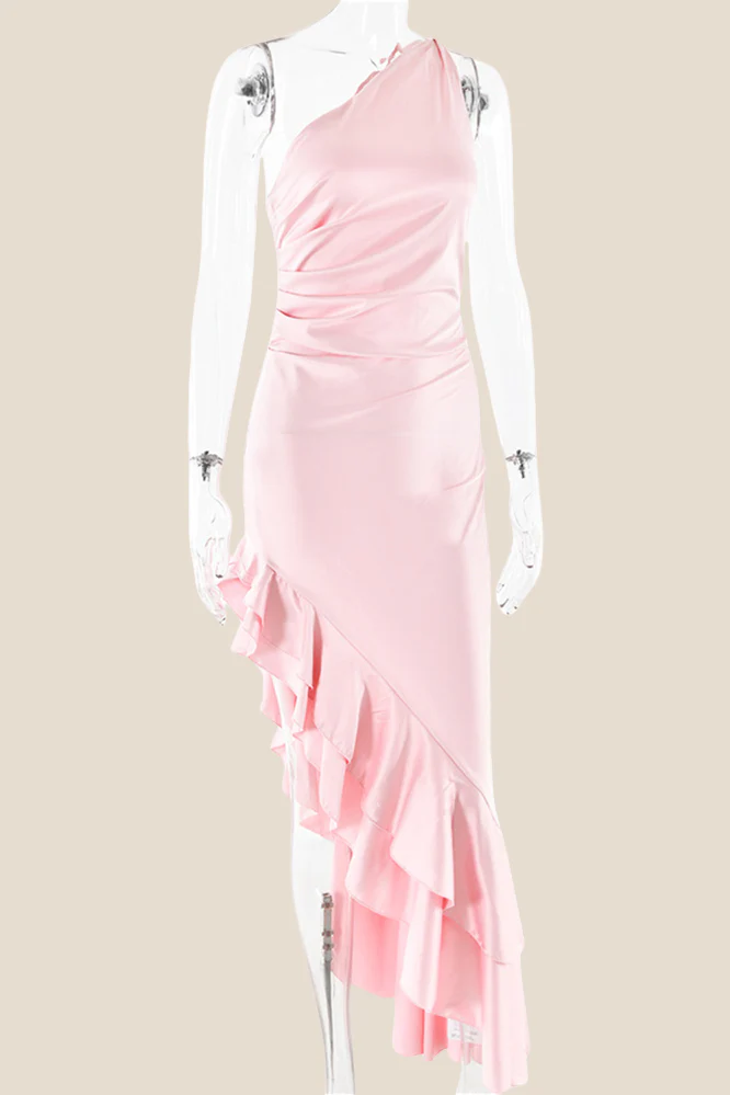 One Shoulder Pink Ruffle Hem Long Dress - Image 3