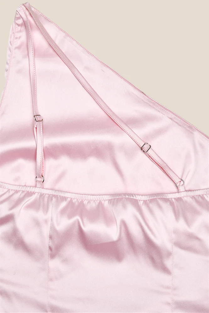 One Shoulder Pink Ruffle Hem Long Dress - Image 5