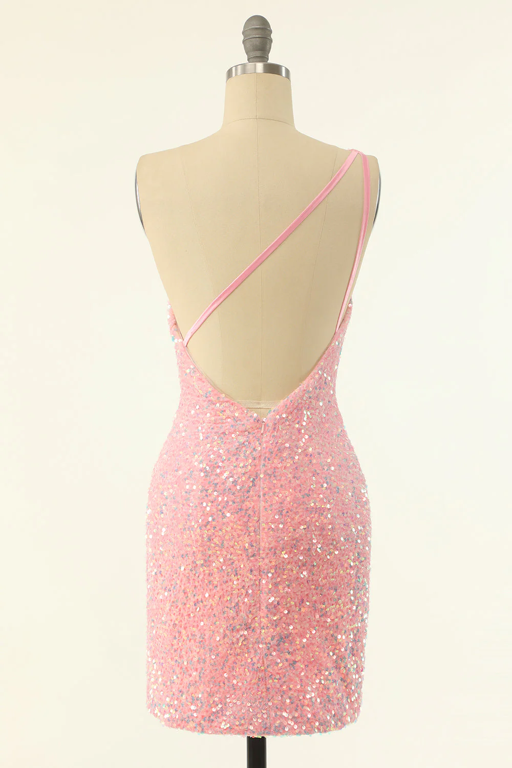 One Shoulder Pink Sequin Bodycon Mini Dress - Image 3