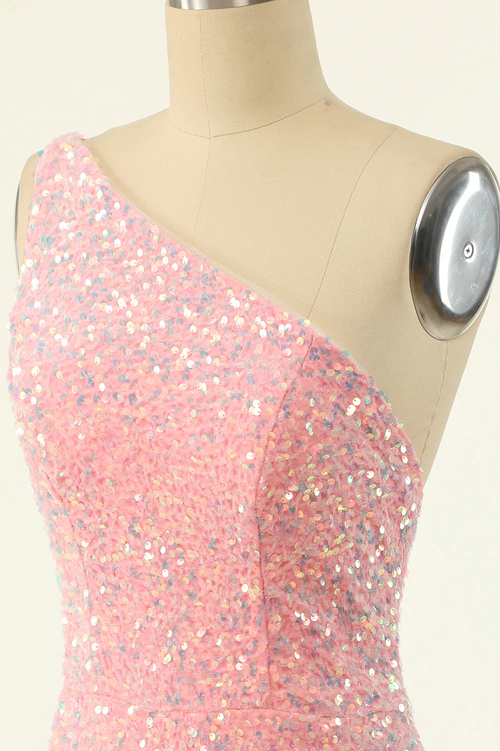 One Shoulder Pink Sequin Bodycon Mini Dress - Image 5