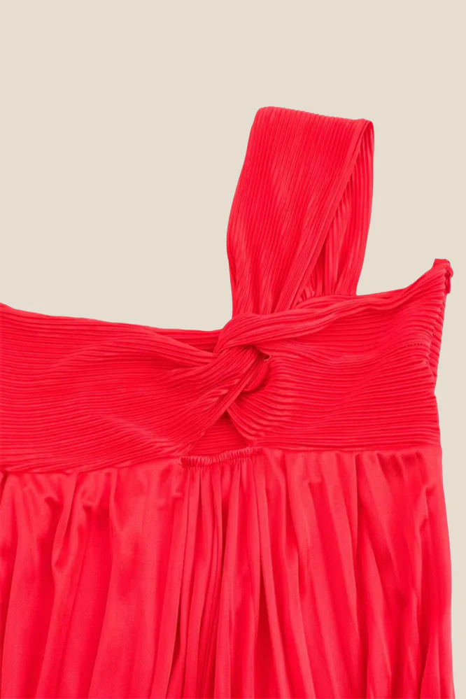 One Shoulder Red High Waist Pleated Long Dress - Image 3