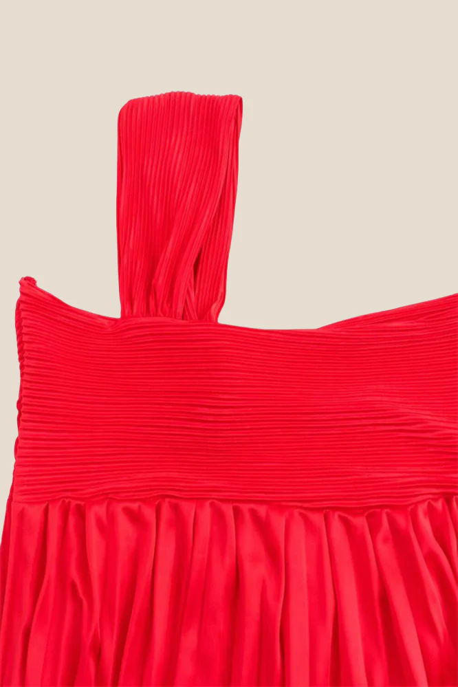 One Shoulder Red High Waist Pleated Long Dress - Image 4