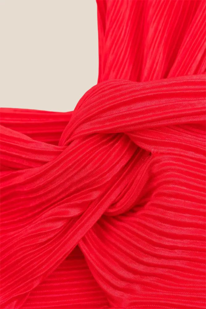 One Shoulder Red High Waist Pleated Long Dress - Image 5