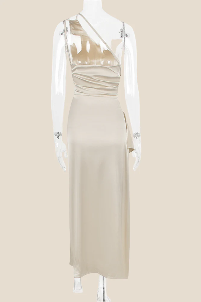 One Shoulder Red Ruched Long Dress with Slit - Image 10