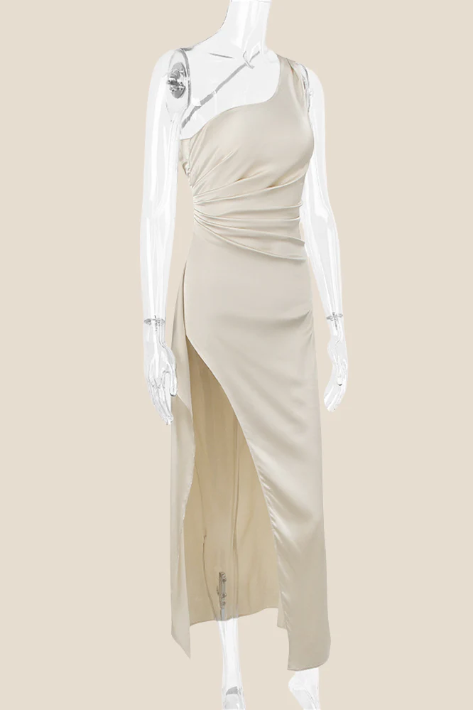 One Shoulder Red Ruched Long Dress with Slit - Image 9