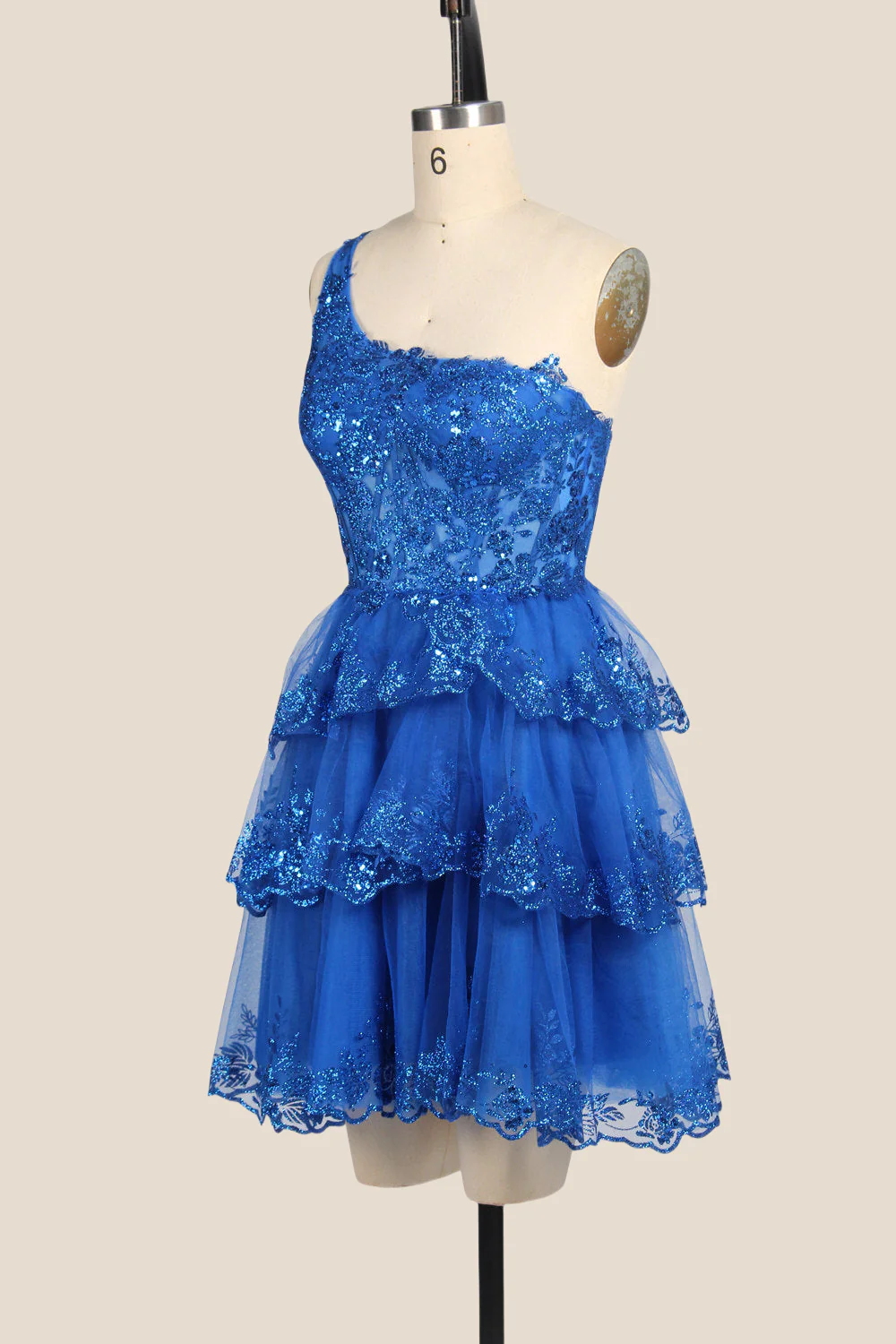 One Shoulder Royal Blue Sequin Tiered Short Dress - Image 3