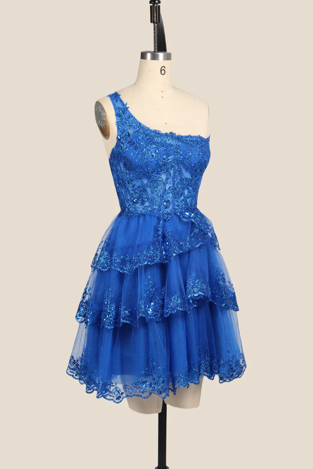 One Shoulder Royal Blue Sequin Tiered Short Dress - Image 4