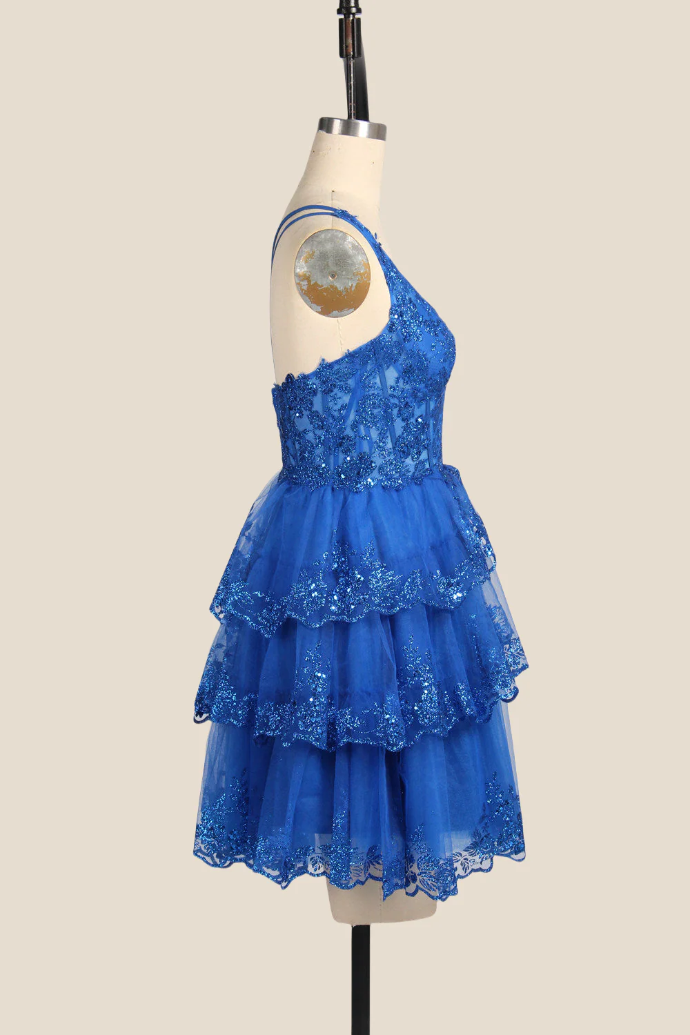 One Shoulder Royal Blue Sequin Tiered Short Dress - Image 5