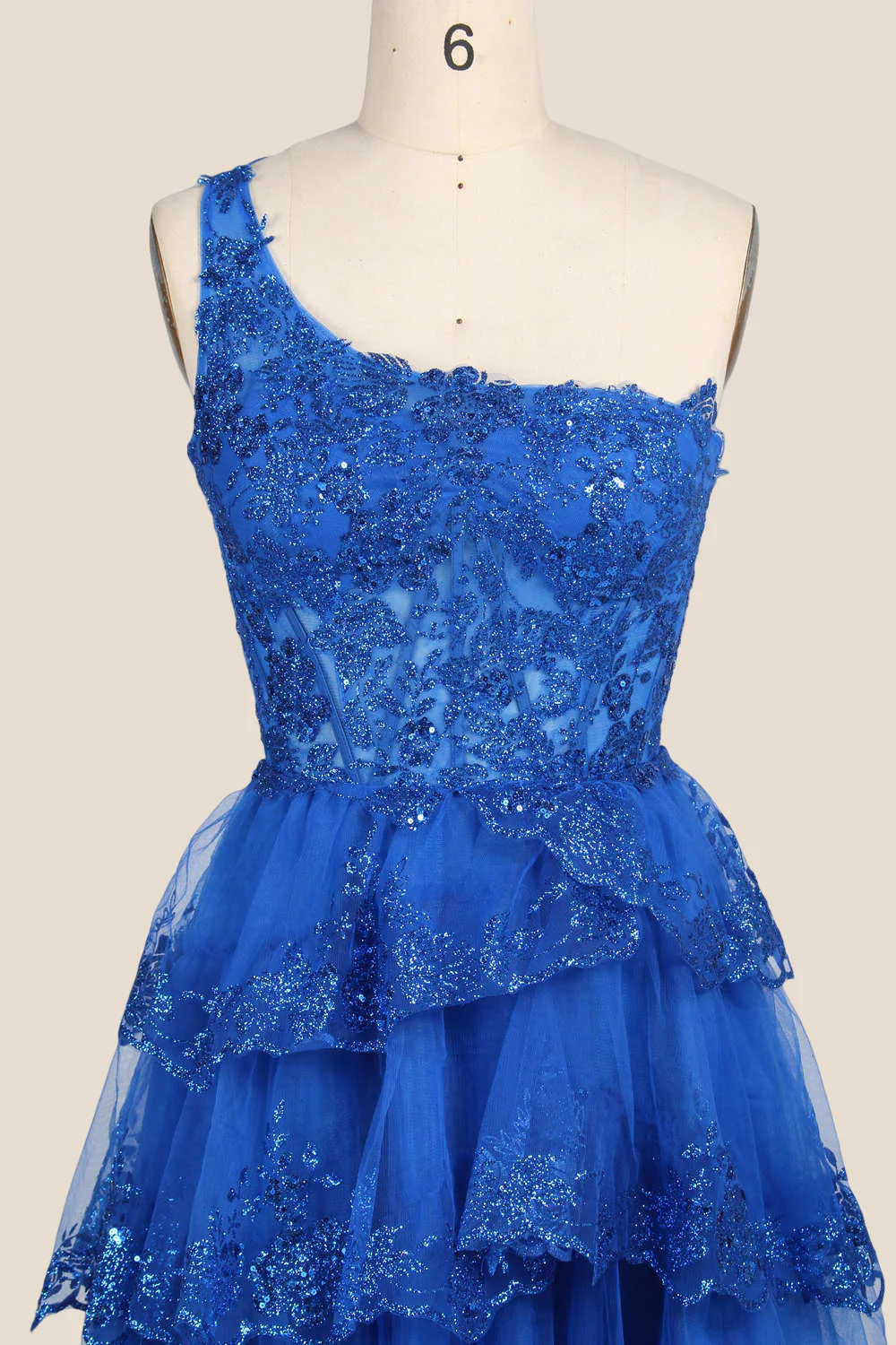 One Shoulder Royal Blue Sequin Tiered Short Dress - Image 6