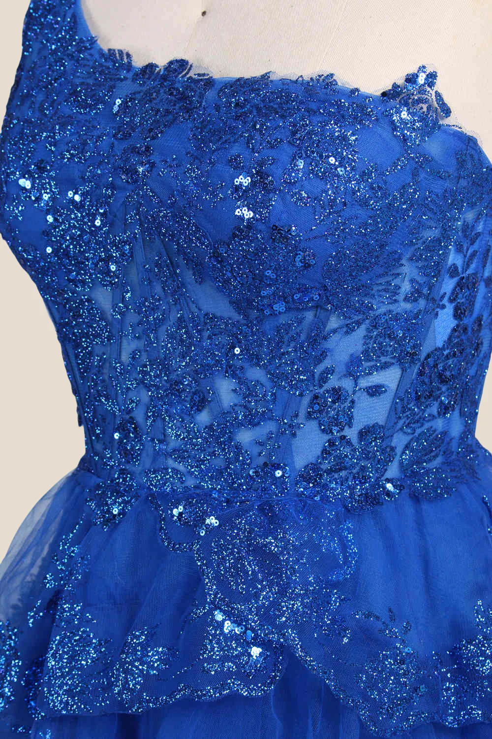 One Shoulder Royal Blue Sequin Tiered Short Dress - Image 7