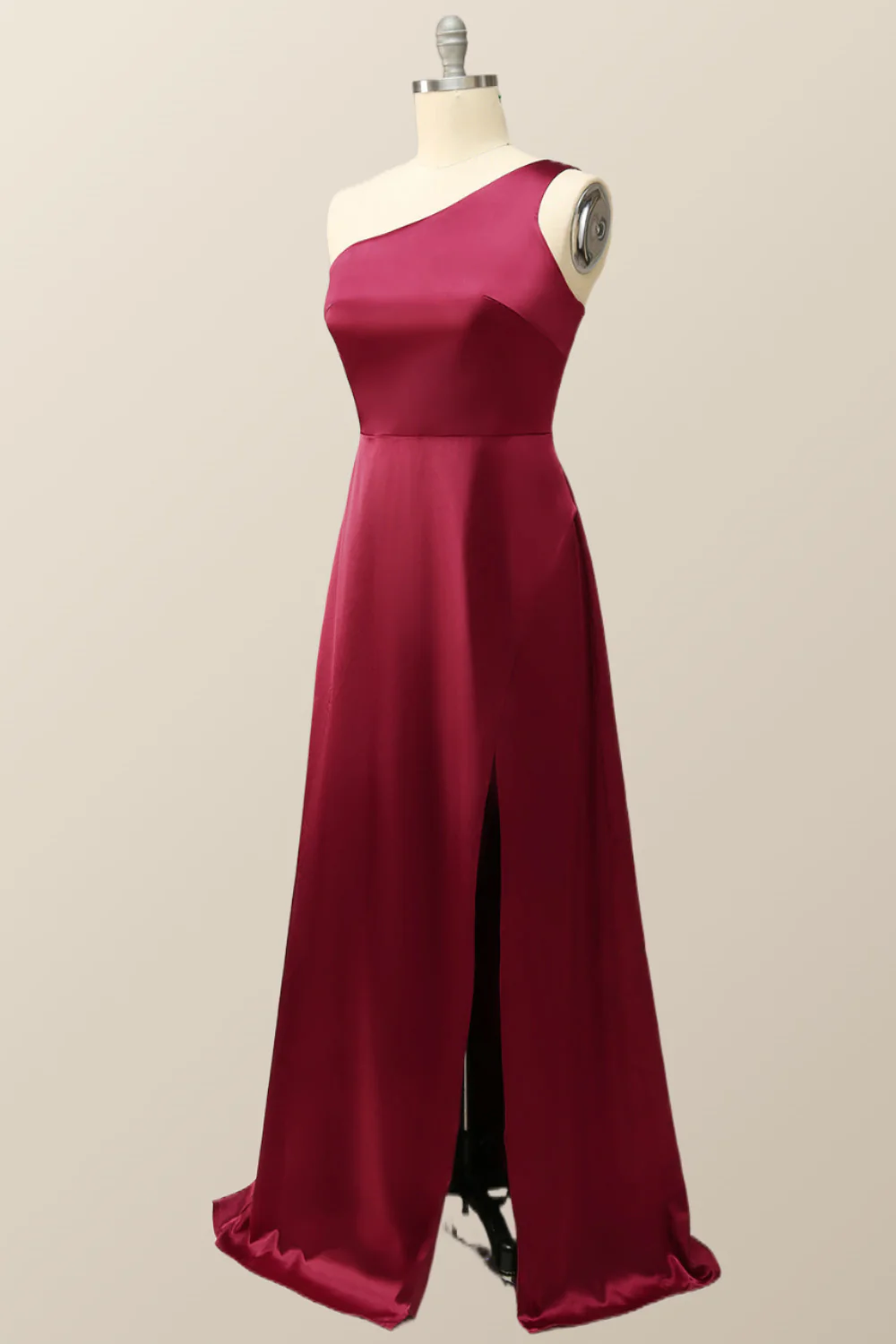 One Shoulder Wine Red Satin A-line Formal Dress - Image 2