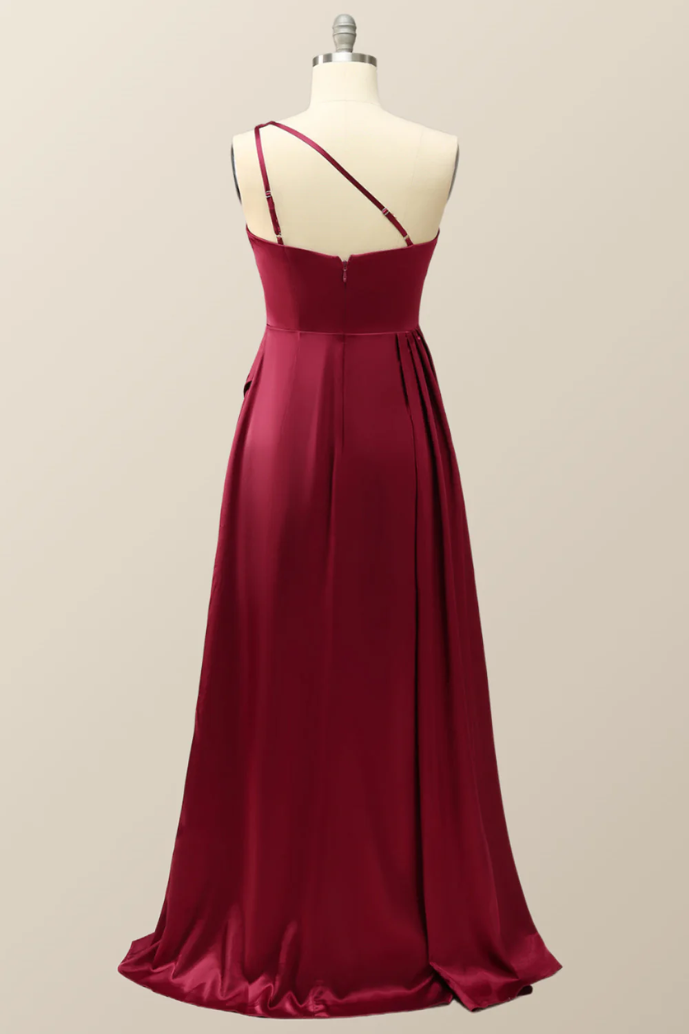 One Shoulder Wine Red Satin A-line Formal Dress - Image 3