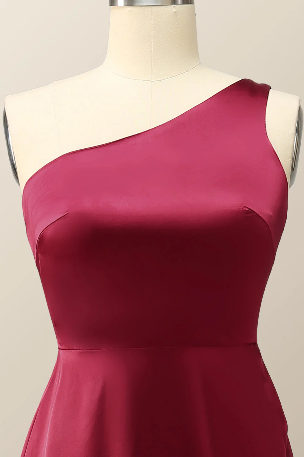 One Shoulder Wine Red Satin A-line Formal Dress - Image 4