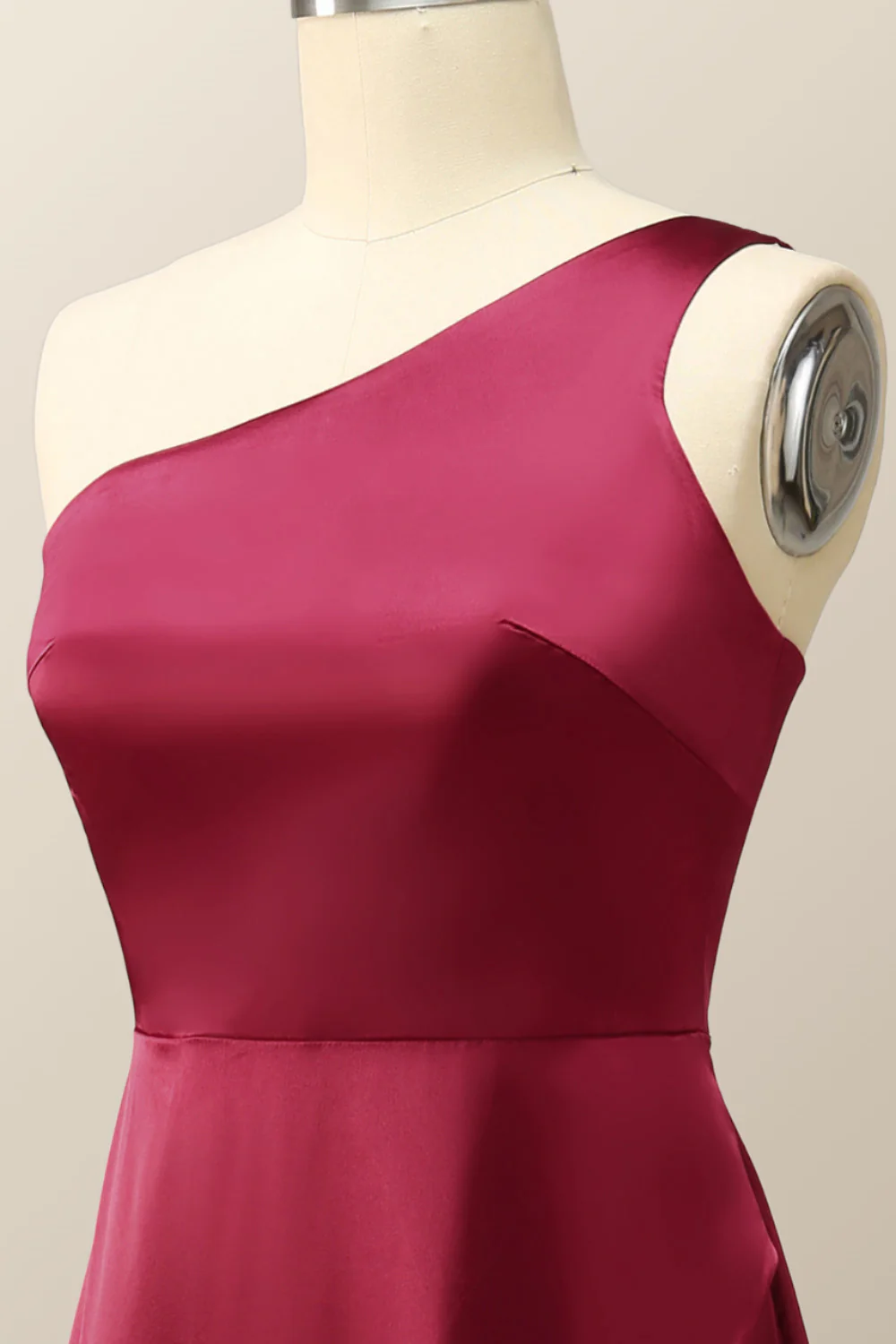 One Shoulder Wine Red Satin A-line Formal Dress - Image 5