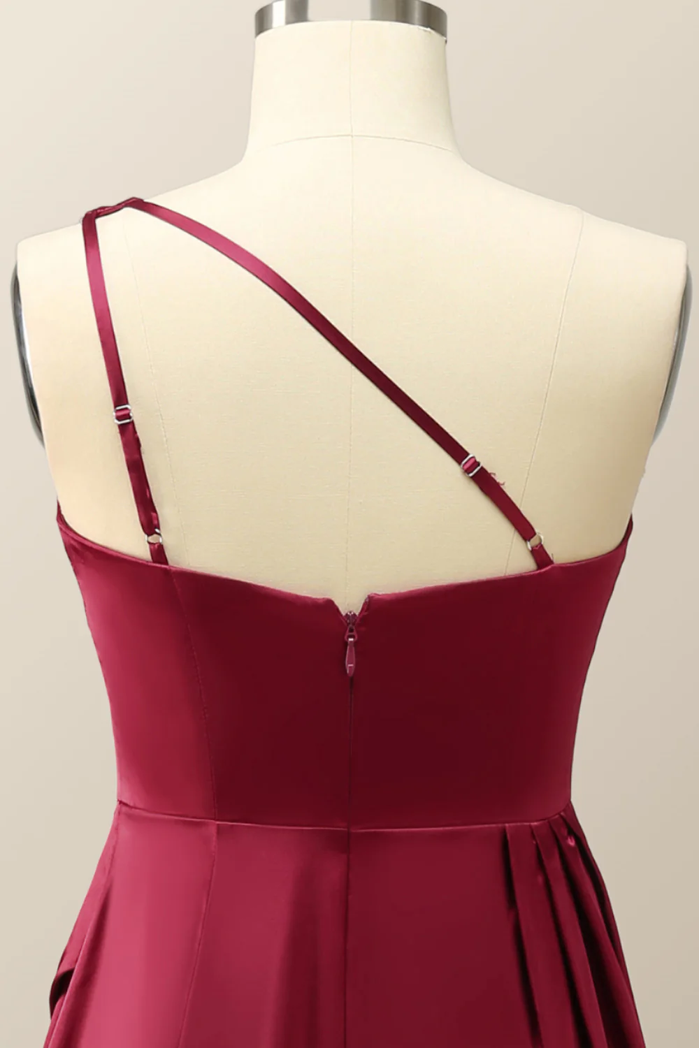 One Shoulder Wine Red Satin A-line Formal Dress - Image 6