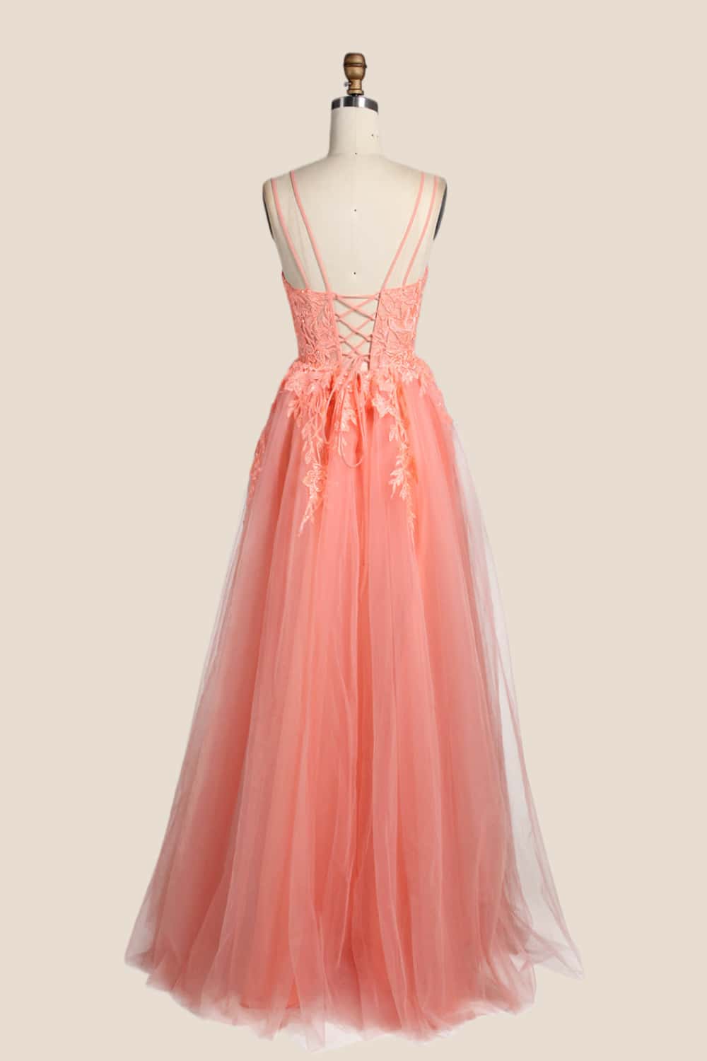 Peach Appliques A-line Long Formal Gown - Image 2