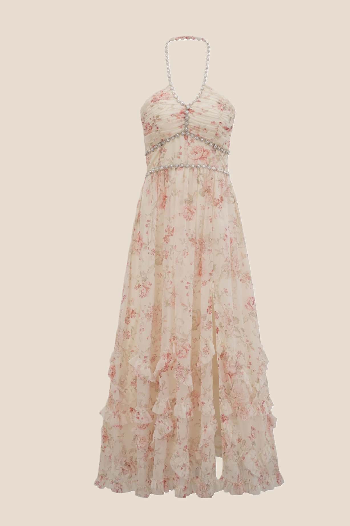 Pearls Halter Purple Floral Chiffon Long Dress - Image 3