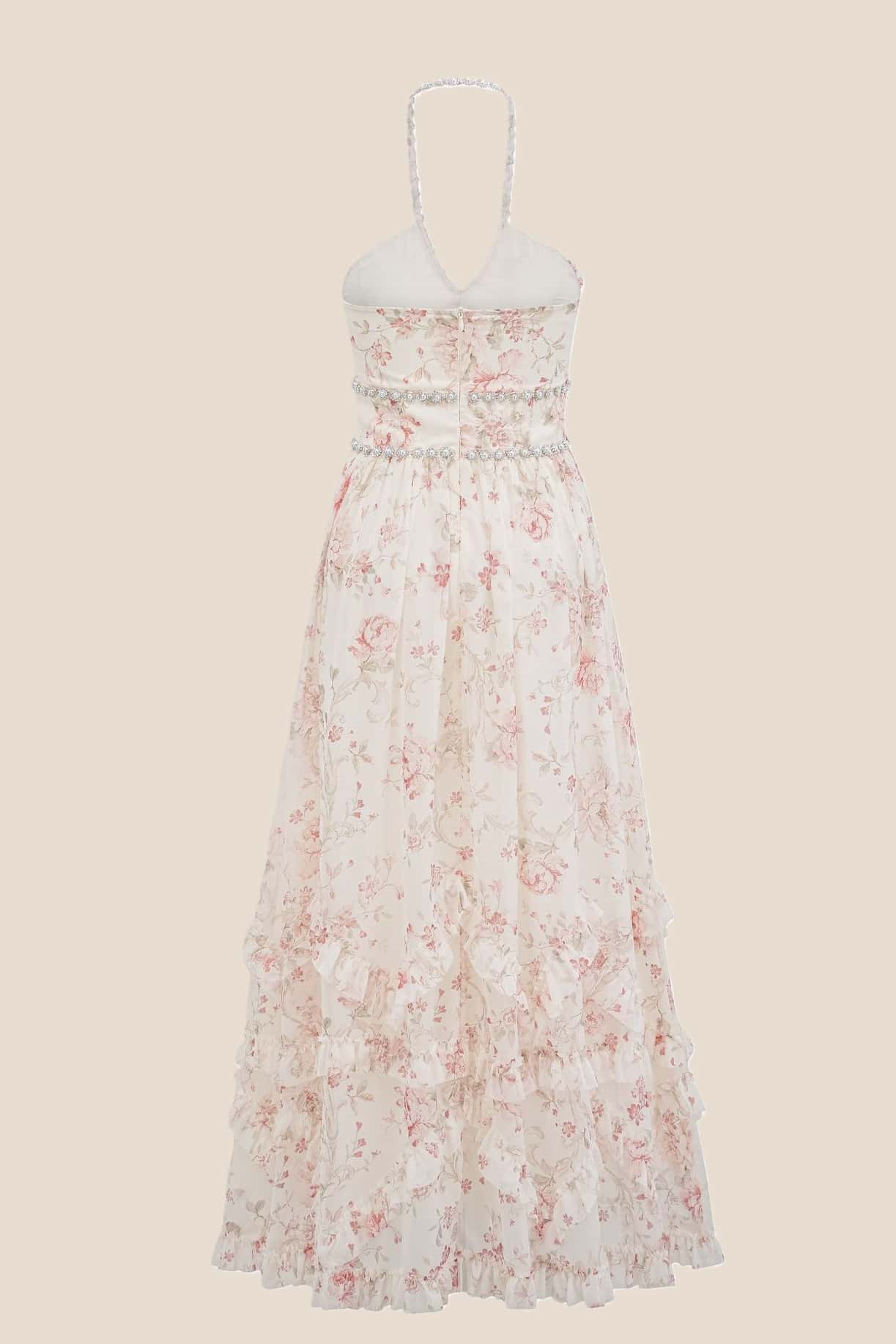 Pearls Halter Purple Floral Chiffon Long Dress - Image 4