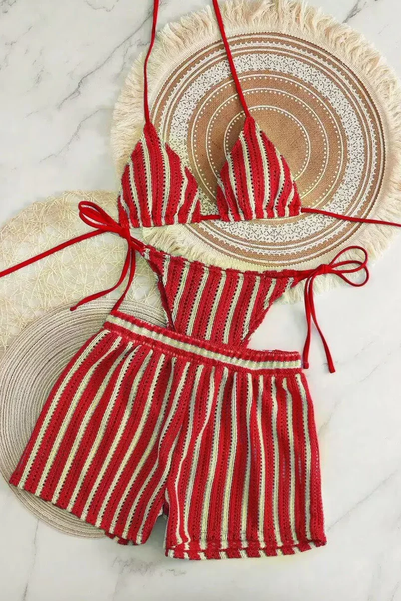Pink Halter Striped 3-Piece Bikini Set - Image 3
