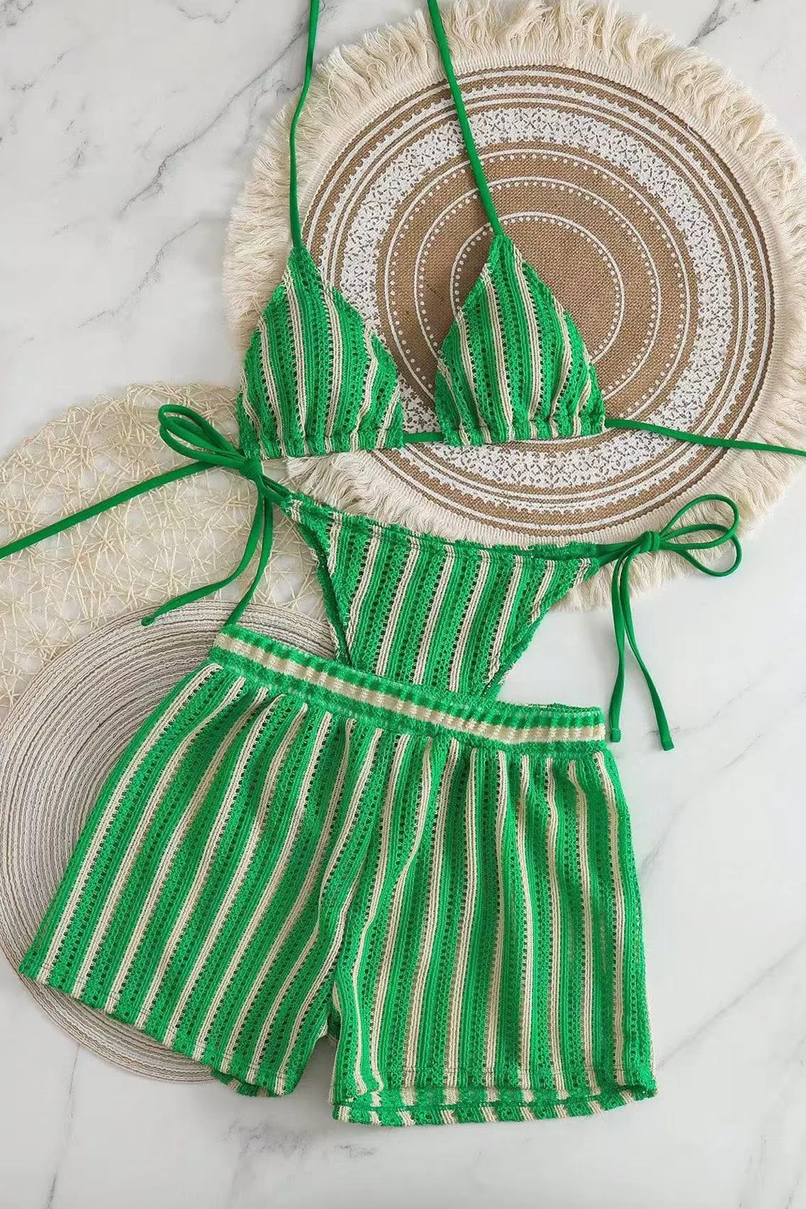 Pink Halter Striped 3-Piece Bikini Set - Image 7