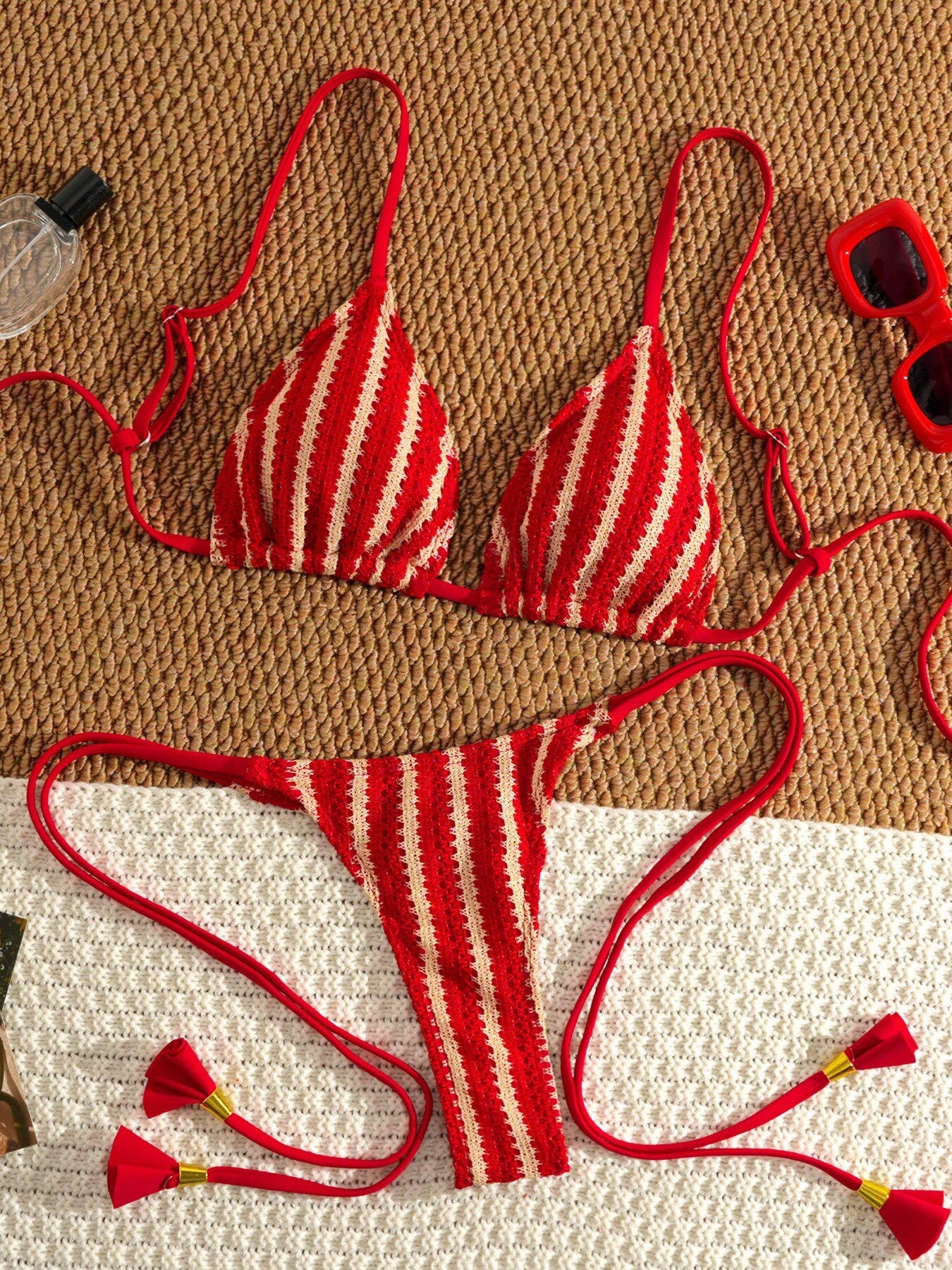Pink Backless Striped Bikini Set - Image 3