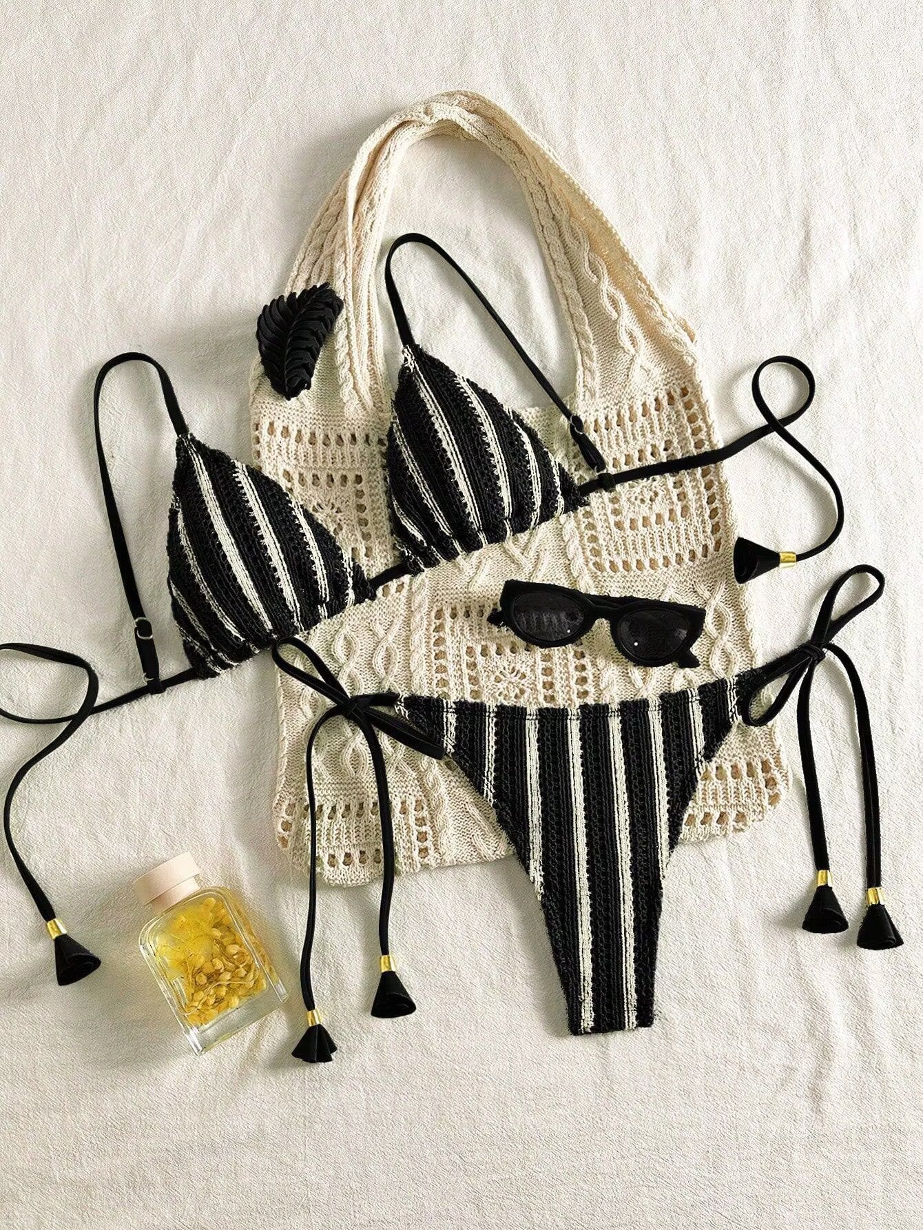 Pink Backless Striped Bikini Set - Image 4