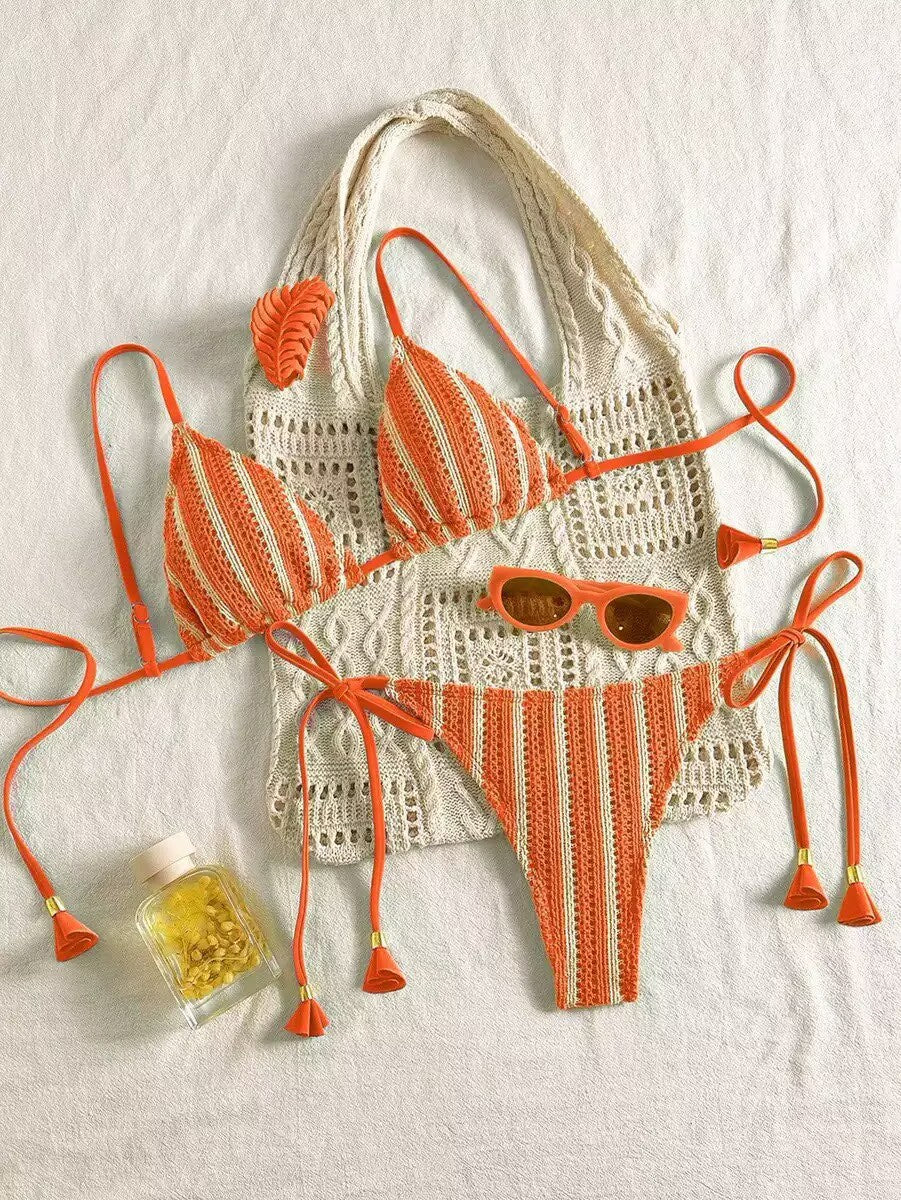 Pink Backless Striped Bikini Set - Image 5