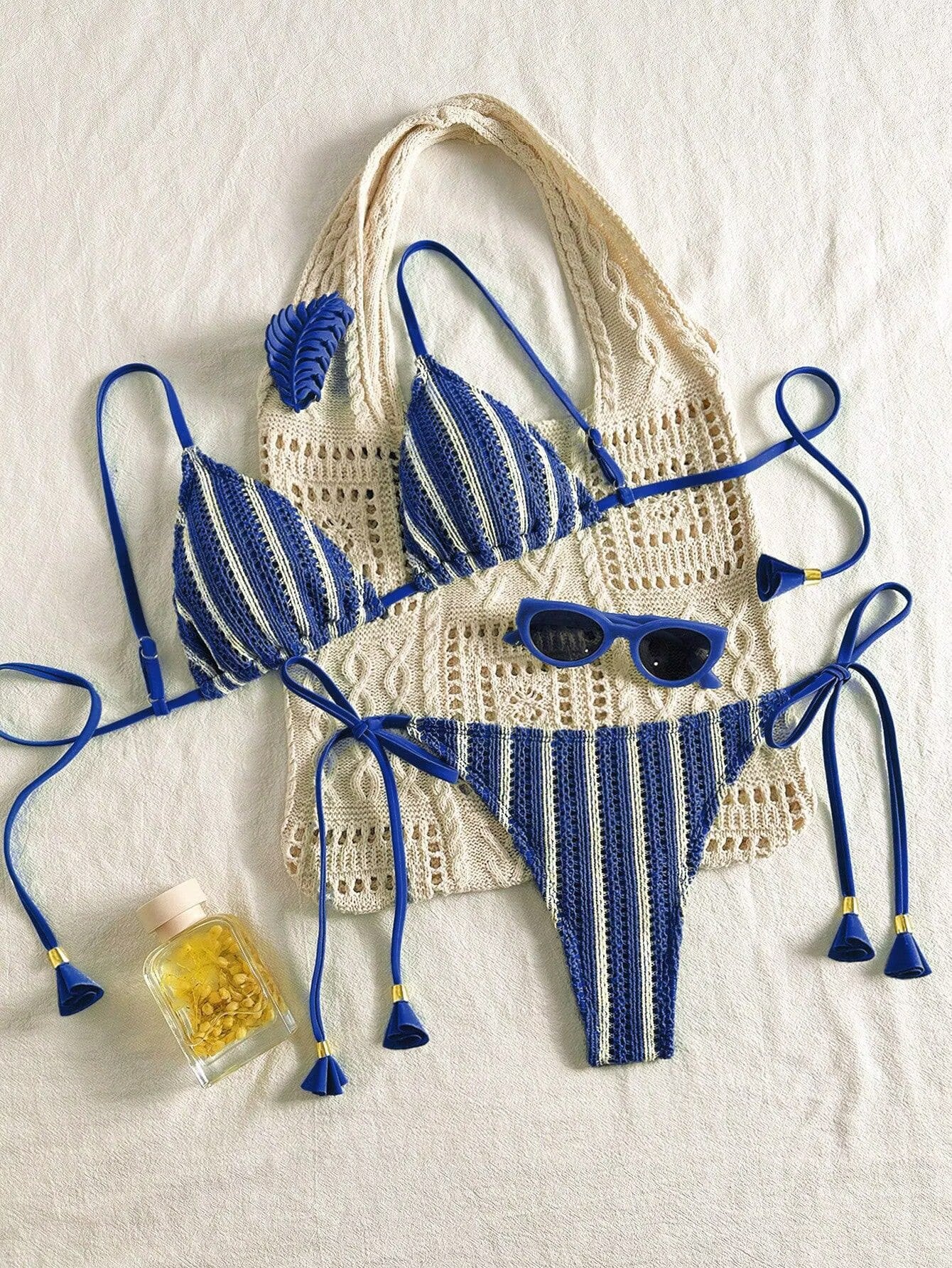 Pink Backless Striped Bikini Set - Image 6
