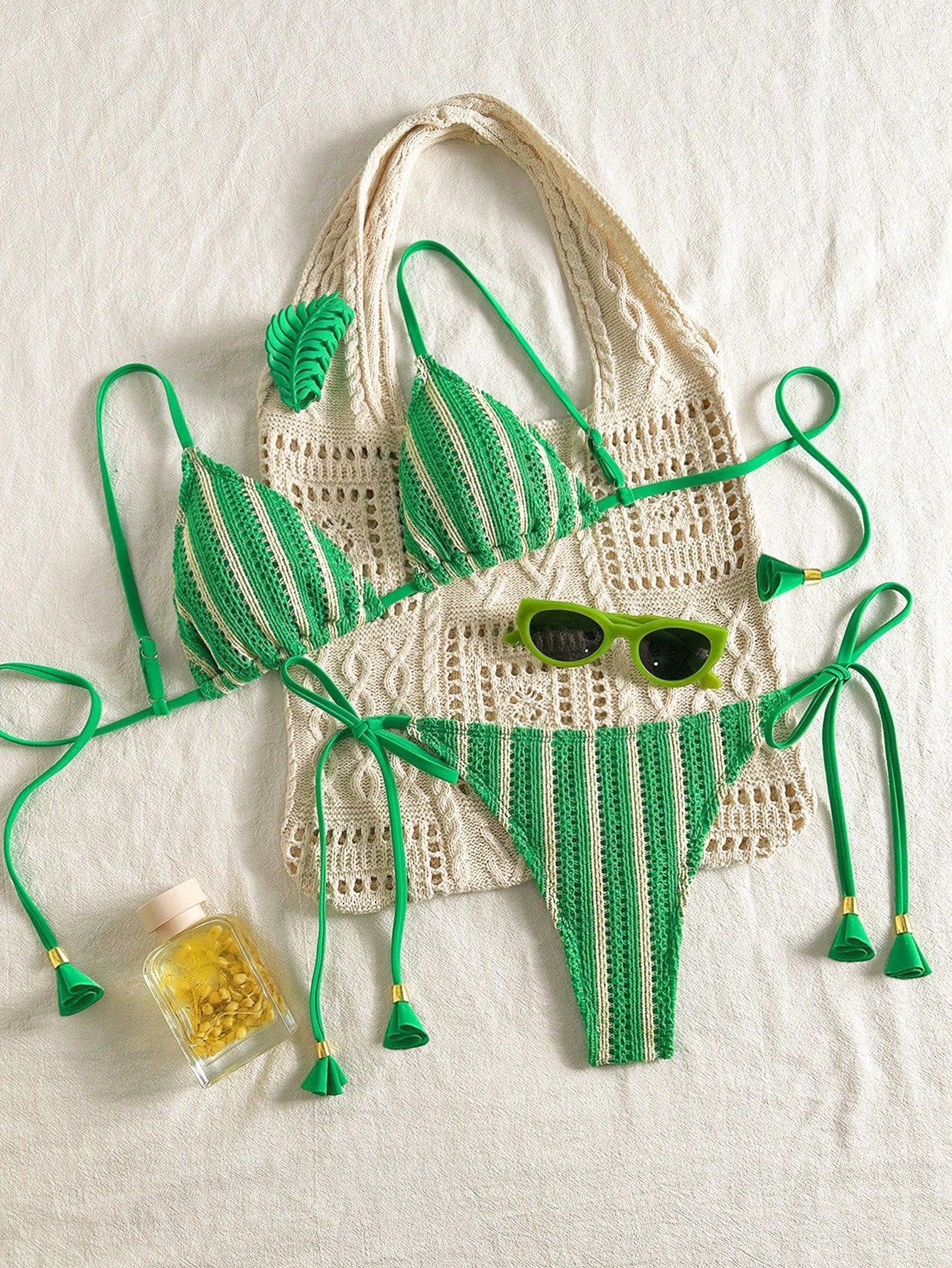 Pink Backless Striped Bikini Set - Image 7